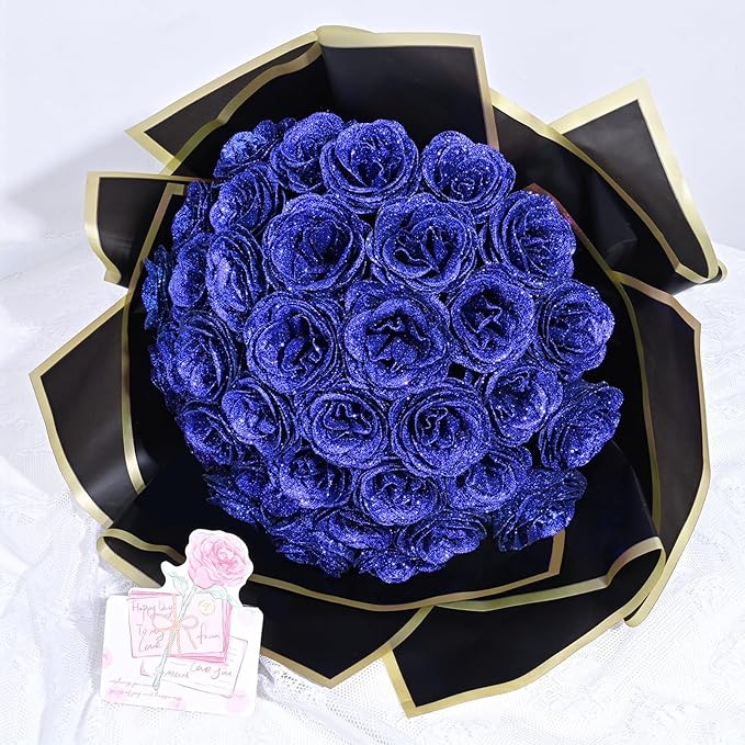 Waipfaru Glitter Roses Bouquet, DIY Fake Flowers Bouquet, Birthday Gifts for Women Mom, 24 Pcs Blue Rose for Grandma Wife Girlfriend Valentines, Mothers Day, Anniversary, Graduation