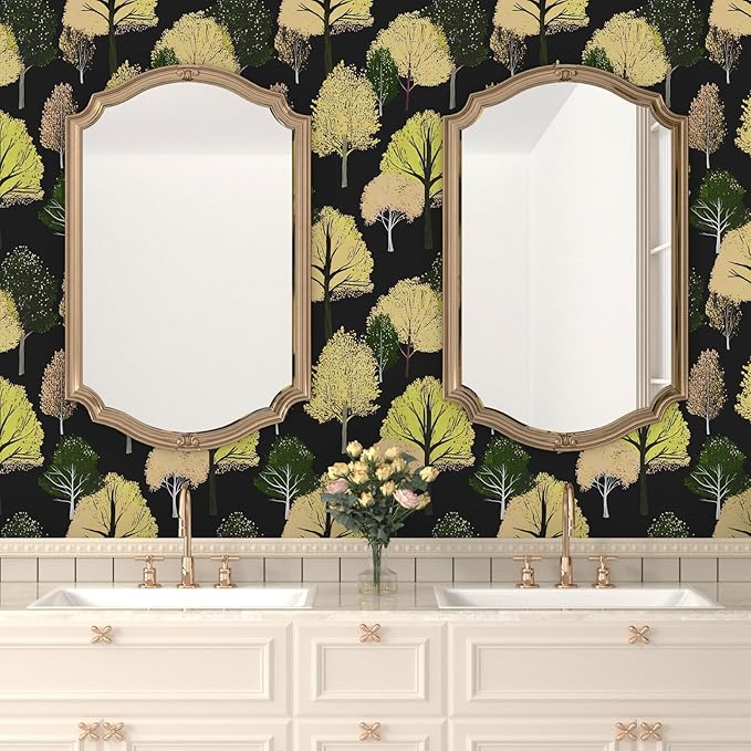 Forest Wallpaper Peel and Stick, Back/Green/Yelllow Trees Contact Paper,Abstract Woodland Landscape Wall Mural Self Adhesive Waterproof Removable for Bathroom Shelves Cabinet Drawer Table 17.5" x 118"