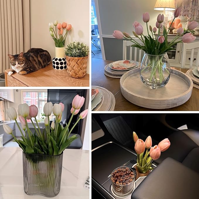 10PCS Pink Fake Tulips Artificial Flowers Real Touch Latex Faux Tulips UV Resistant Fake Flowers Bouquet for Table Home Decor Party Wedding Garden Decoration