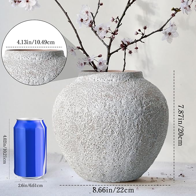 Rustic White Ceramic Vase Farmhouse Round Flower Clay Pottery Large Terracotta Floor Vases for Decorative Centerpiece Vintage Home Decor Aesthetic for Living Room Bedroom Table Entryway