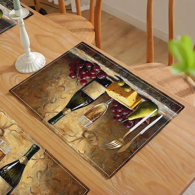 Wine Glass Placemats Set of 6, Rustic Country Winery Place Mats, Farmhouse Grape Dining Table Mats, Washable Placemats for Kitchen Dining Room Home Decor 18L'' × 12W''