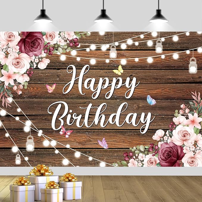 YinQin 180x120 cm Rustic Wood Flower Birthday Backdrops Photo Cloth 71x47 inch Happy Bday Photography Backgrounds Wooden Floral Butterfly Happy Birthday Sign Banner Decoration for Women Girl