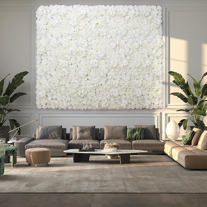 Artificial Flower Wall Backdrop 16pcs 16.5x16.5 Inch Silk Rose Floral Wall Panel Ideal for Wedding Celebrations, Festive Party Backdrops, and Elegant Home Decor-White