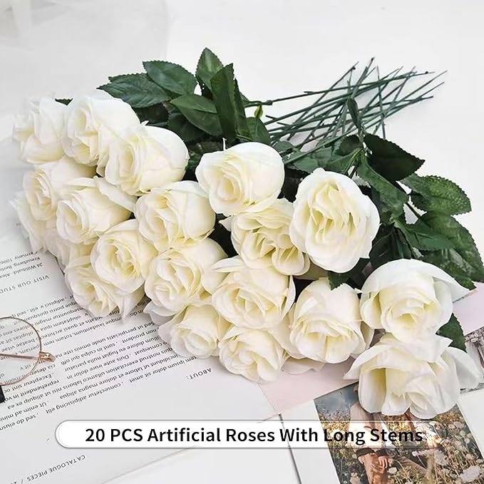 20PCS Artificial Roses with Long Stems - Realistic Silk Flowers, Fake Roses Real Touch Bouquet Roses for Home Decor, Bridal Wedding Table Centerpieces, Faux Rose Flowers (White&Royal Blue)