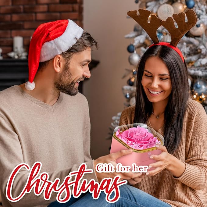 Chritmas Rose Gifts for Women,Preserved Rose with Necklace Forever Flowers Pink Rose Birthday Gifts for Women Mom Grandma Her Wife Girlfriend on Christmas Valentines Day Anniversary Birthday Gifts