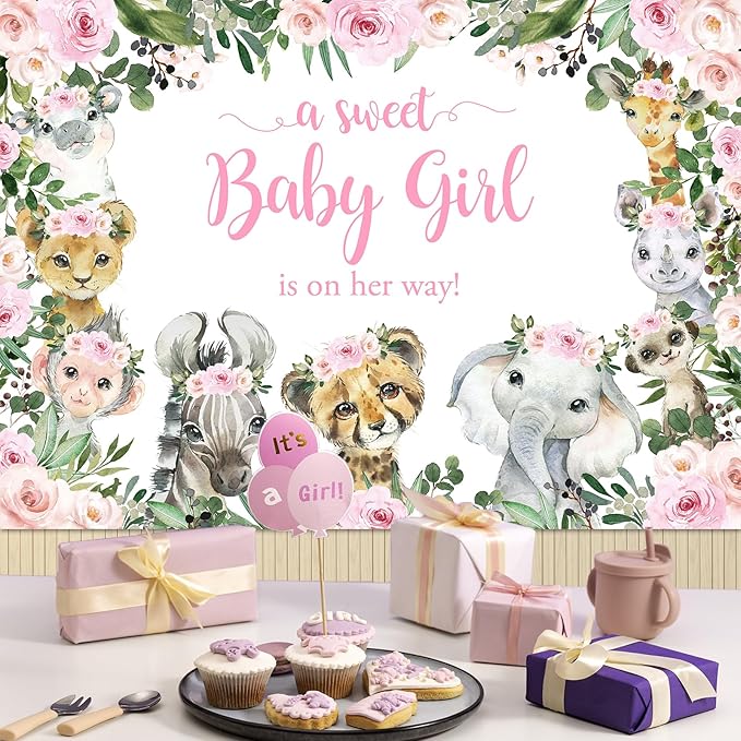 Mocsicka Girl Safari Baby Shower Backdrop Jungle Animals Sweet Baby Girl Background Pink Floral Greenery Baby Shower Party Cake Table Decoration Photo Booth Props (7x5ft)