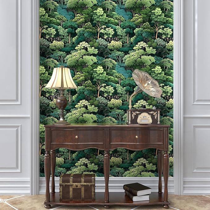 Green Wallpaper Peel and Stick, Forest Trees Contact Paper 17.5" x 393.7", Woodland Mountain Vintage Botanical Wall Paper Self Adhesive Waterproof Removable for Room Shelves Cabinet Drawer Table Decor