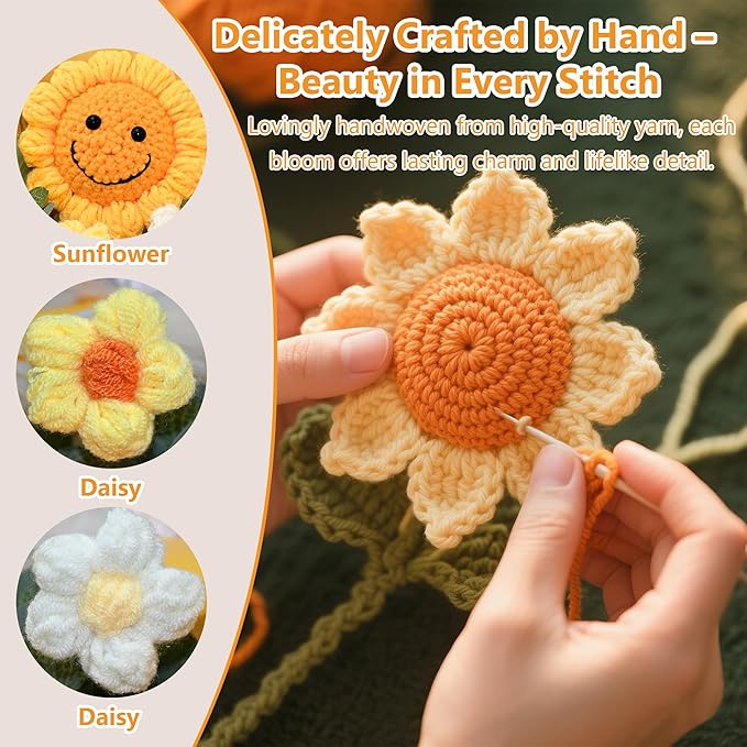 Handmade Crochet Flower Bouquet – Finished Knitted Sunflower & Daisy Flowers, Faux Floral Arrangement, Ready-to-Gift for Mother’s Day, Teachers, Graduation, Birthday, Wedding, Home & Office Décor