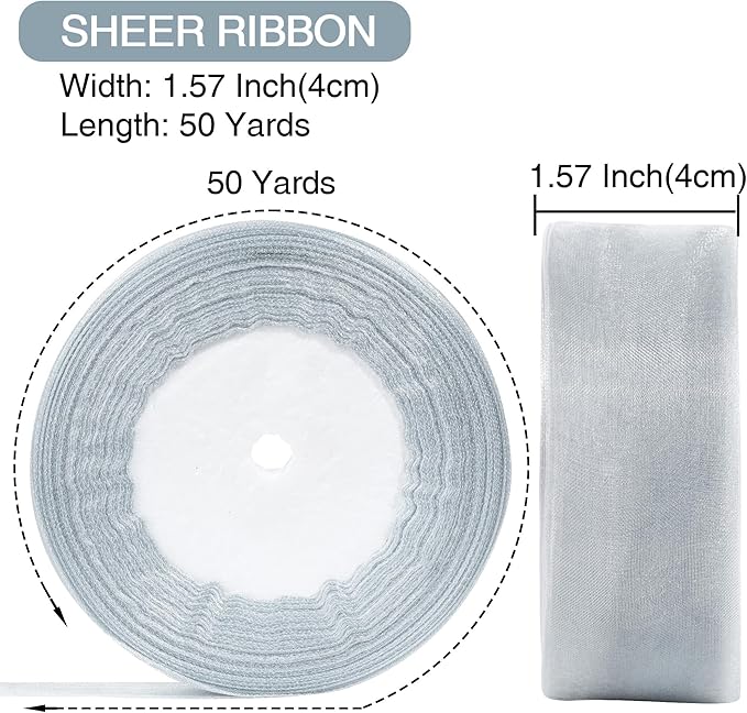 1-1/2 Inch x 50 Yards Sheer Organza Ribbon Chiffon Ribbon for Gift Wedding Flower Bouquet Wrapping Decorations Crafts (Dusty Blue)