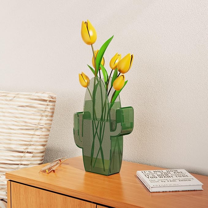 Flower Vase Cactus Shape Acrylic Vase Home Decor Gifts, Home Modern Decorative Flower Vase for Living Room, Dining Table, Entryway, Shelf, Wedding, Office (Green)