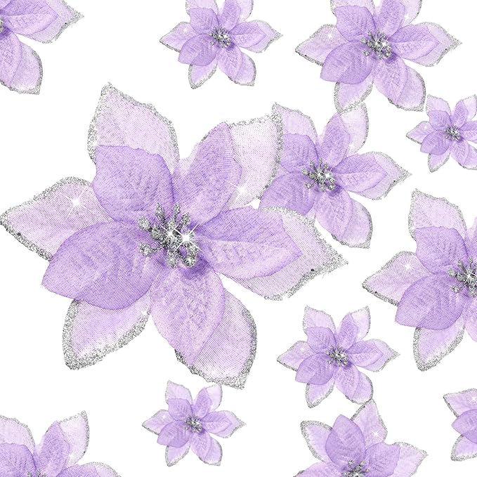 WILLBOND 24 Pcs 3 Size Poinsettia Flower Artificial Christmas Decor Glitter Poinsettia Christmas Ornaments Faux Flowers for Xmas Tree Outdoor(4/6/7.9 Inches,Purple)