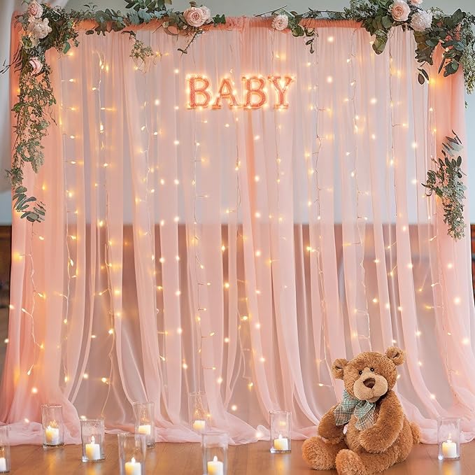 10x10ft Peach Tulle Backdrop Curtain with Lights String for Parites, Sheer Backdrop Curtains for Wedding Baby Shower Birthday Party Photo Shoot Decorations