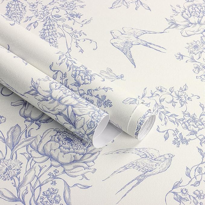 Cream White and Blue Peel and Stick Wallpaper Vintage Floral Contact Paper 16.9"x 393.7" Blue Floral Wallpaper Peel and Stick Birds Self Adhesive Removable Wall Paper for Bedroom Bathroom