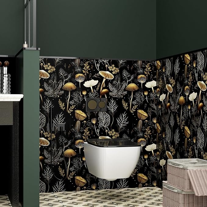 Boho Wallpaper Peel and Stick Dark Floral Contact Paper 17.5" x 197" Vinyl Self Adhesive Vintage Mushrooms Wall Mural Leaf Wall Paper for Room Countertop Drawer Decor(Golden,Black)