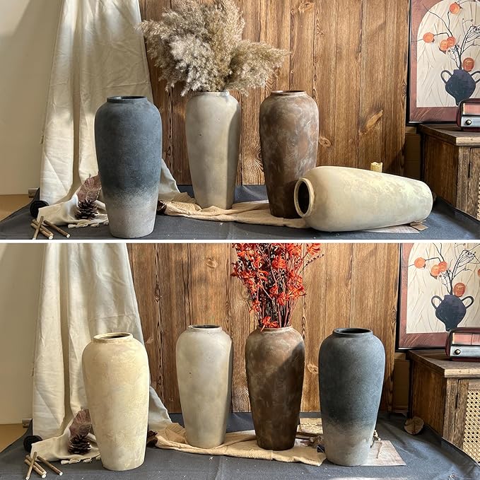 15 Inch Rustic Ceramic Vase, Black Flower Vase for Centerpieces, Farmhouse Decor for Living Room, Entryway & Kitchen, Vintage Pottery Vases for Wedding Gifts
