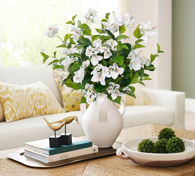 Hollyone 2Pcs Bougainvillea Artificial Flowers Bouquets White Fake Flower Silk Flowers with Long Stem Floral Arrangements Faux Bougainvillea Flower Plant for DIY Wedding Party Centerpieces Home Decor