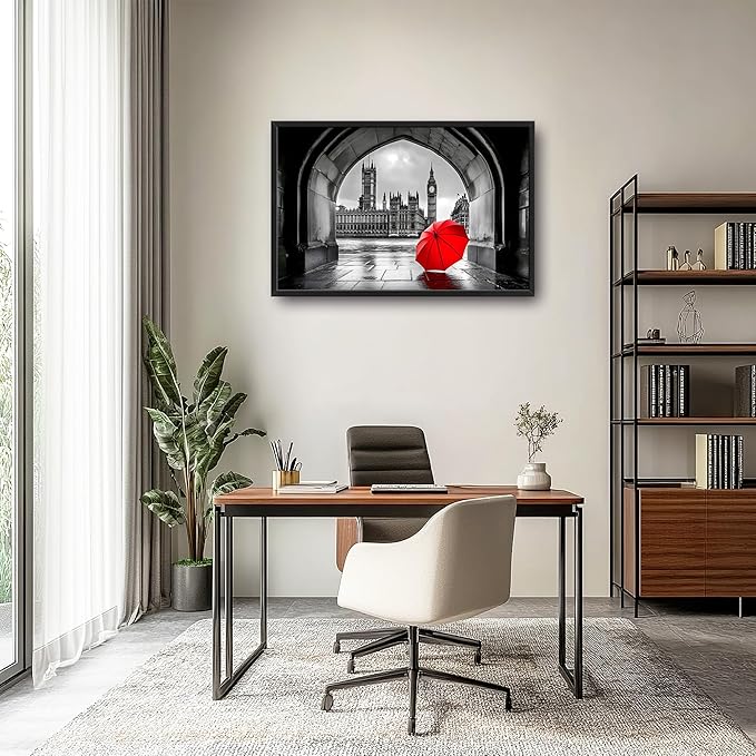 London City Large Wall Art Black and White Framed Red Wall Decor for Living Room, Big Ben Pictures Oversized Canvas Print Painting Modern Extra Large Framed Artwork for Bedroom Office 36"x24"
