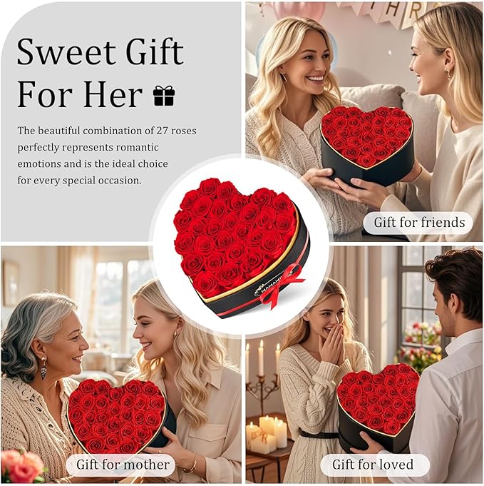 27 Preserved Roses in Heart Shape Gift Box for Her - Forever Flowers for Delivery, Eternal Rose Mothers Gifts for Mom, Wife Anniversary Birthday Gifts for Women, Red