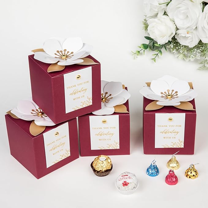 FEIYI 20 PCS Burgundy Gift Boxes, 3 In 1 Favor Boxes with Floral Decor, White Thank You Tags Gift wrapping for Wedding, Christmas, Baby Shower, Birthday, Decorations Party - 3.55x3.55x3.55