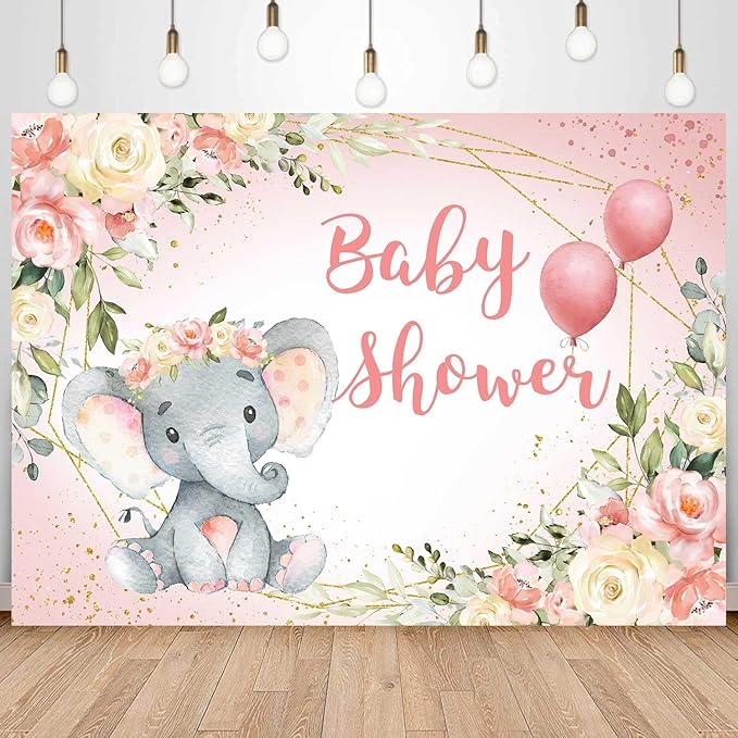 Elephant Baby Shower Backdrop for Girl Blush Pink Floral It's A Girl Baby Shower Party Decoration Photography Background A Sweet Little Peanut Banner Photoshoot Supplies 5x3ft