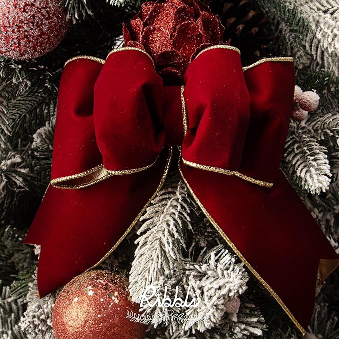 Ribbli Dark Red Velvet Wired Ribbon 4 Inch Luxury Matte Velvet Christmas Ribbon for Gift Wrapping Christmas Tree Decoration Crafts Wreaths Supplies - 10 Yards