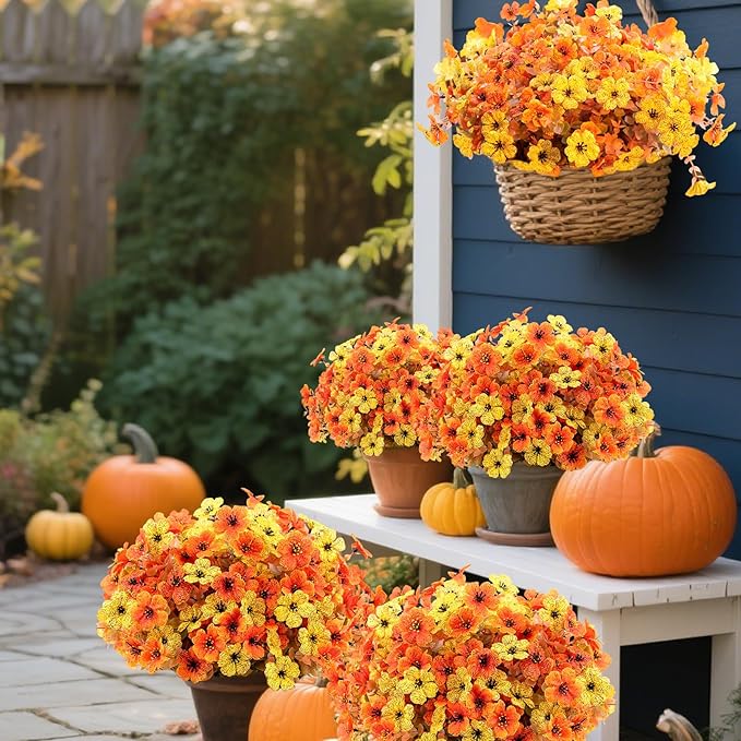 12 Bundles Artificial Fake Mums Flowers for Outdoor Faux Silk Orange Yellow Daisy Realistic UV Resistant No Fade Fake Plants Flowers for Planter Porch Patio Indoor Thanksgiving Decor