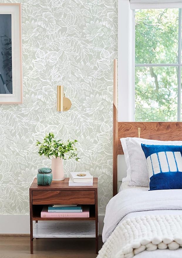 Peel and Stick Wallpaper Modern Wall Paper Boho Contact Paper Bedroom Bathroom Wallpaper Peel and Stick Light Green Tropical Leaf Removable Self-Adhesive Wall Decor 17.3" x 197"