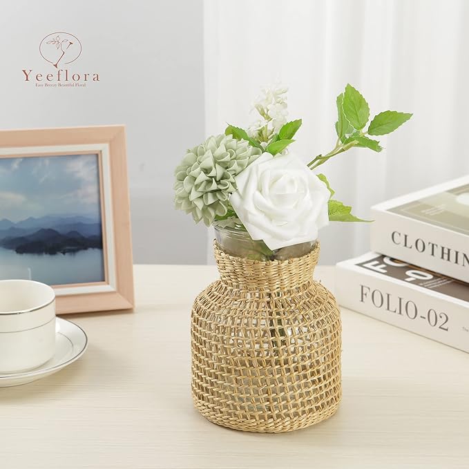 Artificial Flowers, 25pcs Realistic Artificial Rose for DIY Wedding Bouquets Centerpieces Arrangements, Sage Green Dahlia Flowers with Stem for Bridal Shower Party Home Decorations