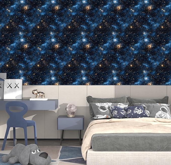 Blue Starry Peel and Stick Removable Black Sky Contact Paper 17.5in x393.7in, Gold Star Modern Wallpaper Mural Waterproof Self Adhesive for Wall Bedroom Bathroom Kitchen Cabinet Room Decor