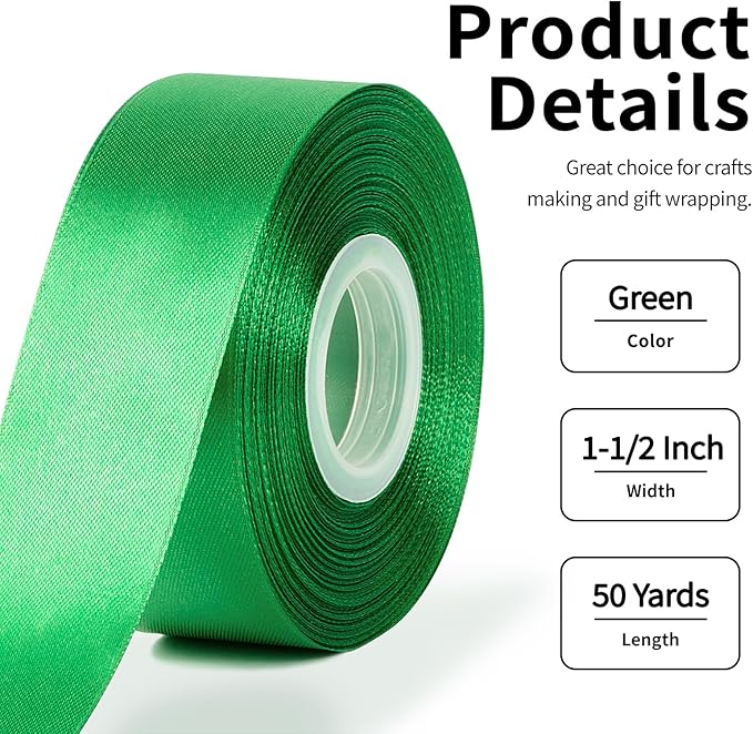 1-1/2 Inch Wide Emerald Green Satin Ribbon, 50 Yards Solid Polyester Fabric Ribbon for Roses Making, Gift Wrapping, Holiday Party Decor, Christmas, Wedding Decorations, Crafts, Bows