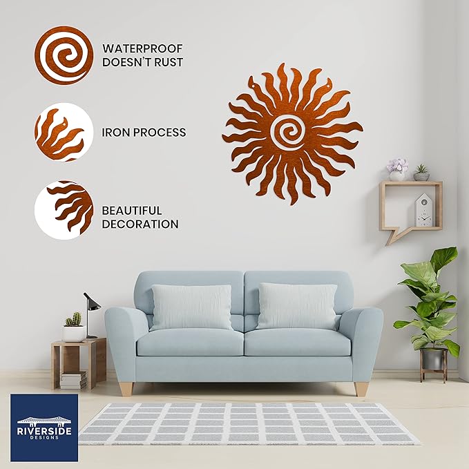 Riverside Designs Sunburst Metal Wall Art Steel Outdoor Decor - Heavy-Duty and Waterproof - Made in USA (36", Copper)