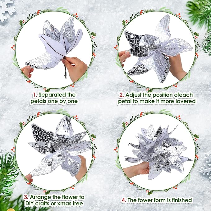 6 Pcs 10.6'' Christmas Large Silver Mirrored Poinsettias with Clips Artificial Glitter Poinsettias Flowers Christmas Tree Ornaments for Xmas New Years Eve Garland DIY Project Winter Wedding Decor