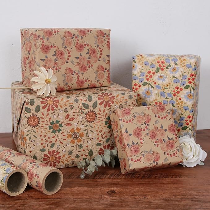 Aimyoo Watercolor Floral Kraft Wrapping Paper Roll, 17 inch x 32.8 ft All Occasion Vintage Flower Gift Wrap for Wedding Birthday Bridal Shower