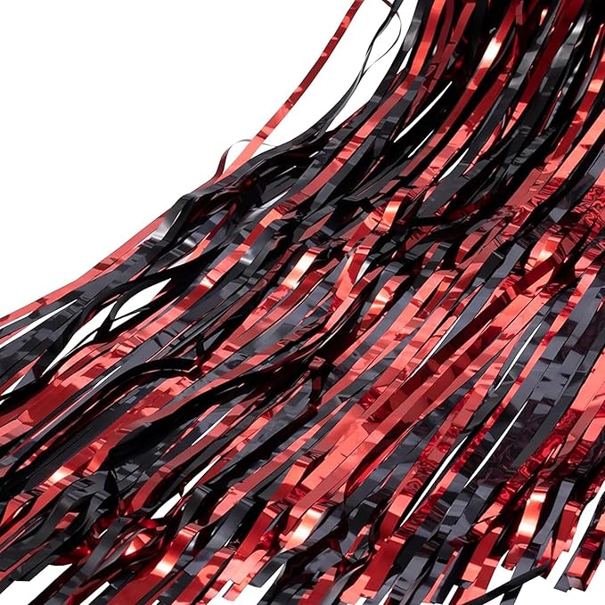 BRAVESHINE Tinsel Photo Backdrop Curtains - 2 Pack 3.2x8.2ft Black Red Foil Fringe Streamer Curtain for Christmas/New Years/Birthdays/Bachelorette/Home/Office/Indoor/Outdoor Party Supplies Decorations