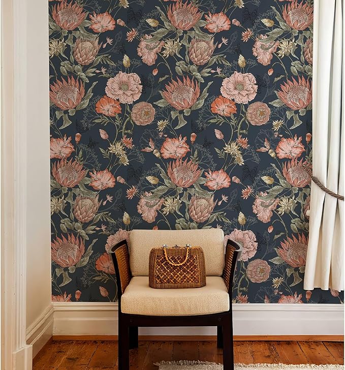 Floral Wallpaper Peel and Stick Floral Contact Paper Dark and Pink Vintage Wall Paper Removable Self Adhesive Vinyl Stick on Wallpaper for Bathroom Bedroom Decor 17.3in x 118in