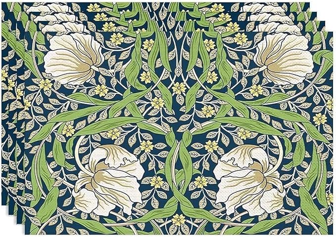 William Morris Flower Placemats Set of 4, Retro Boho Botanical Plant Place Mats, Heat Resistant Non Slip Cotton Linen Dining Table Mats for Home Kitchen Party 18x12 Inch