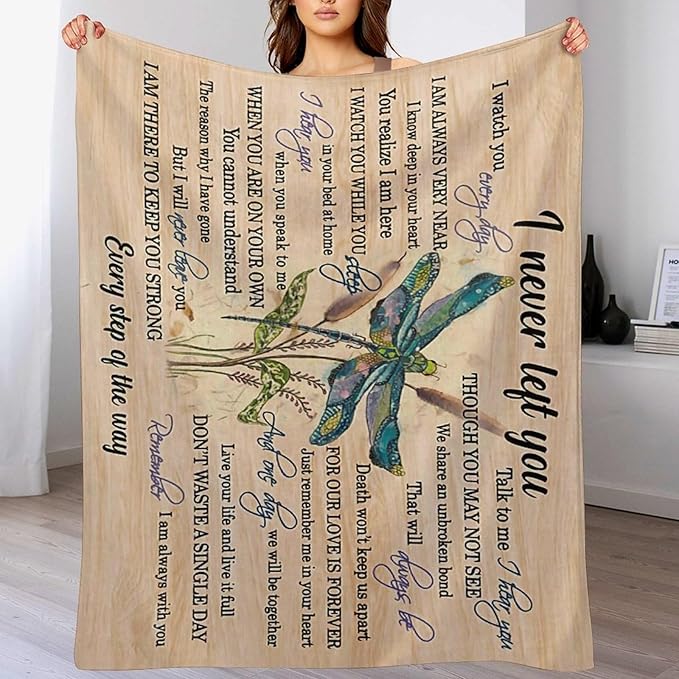 Dragonfly Blanket Memorial Sympathy Gifts for Girls Women Loved One I Never Left You Throw Blanket for Kids Adults Soft Warm Cozy Fleece Blanket for Couch Sofa Bed 50"x60"