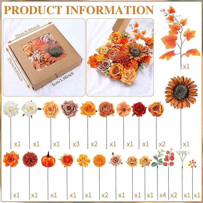 Jspupifip Orange Yellow Artificial Flowers Combo Box Fake Silk Roses with Stems Hydrangea Peony Arrangement for Bridal Shower Boho DIY Wedding Cake White Flowers Table Decorations