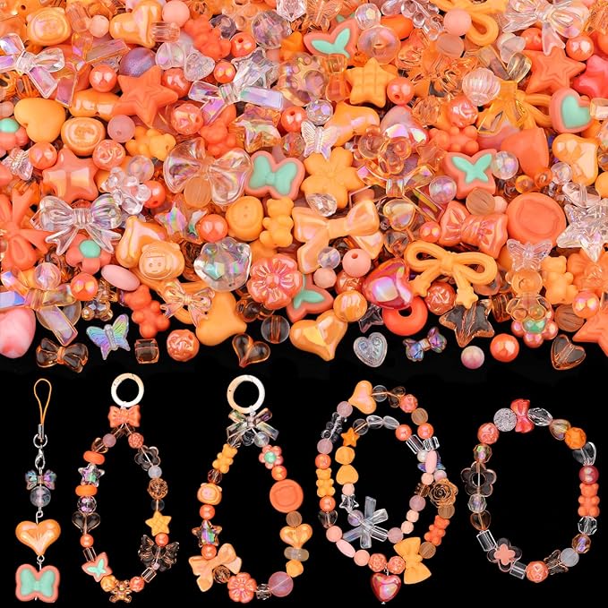 Assorted 200-260PCS Orange Acrylic Beads for Bracelet Making, Flower Bow Candy GummyBear Bracelet Charms,Cute Beads for Jewelry Making DIY Necklace Keychain Phone Charm Christmas Gift