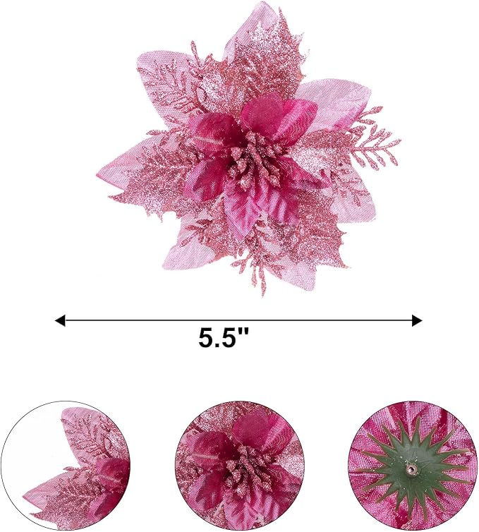 Zhuqing 15Pcs Christmas Poinsettia Artificial Flowers Decorations, Glitter Poinsettia Christmas Tree Ornaments, Black Tree Flowers for Xmas/Wedding/Holiday/Wreath/Garland Decor, with Cilps, 5.5 Inch