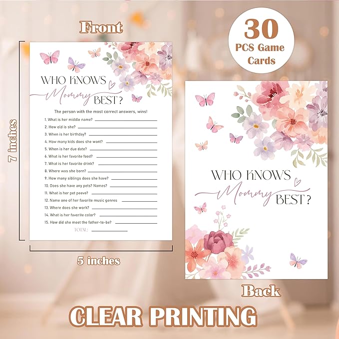Baby in Bloom Baby Shower Games, Floral Who Knows Mommy Best Game for 30 Guests with Game Cards, Gender Reveal, Baby Shower Supplies & Decorations (DV24)