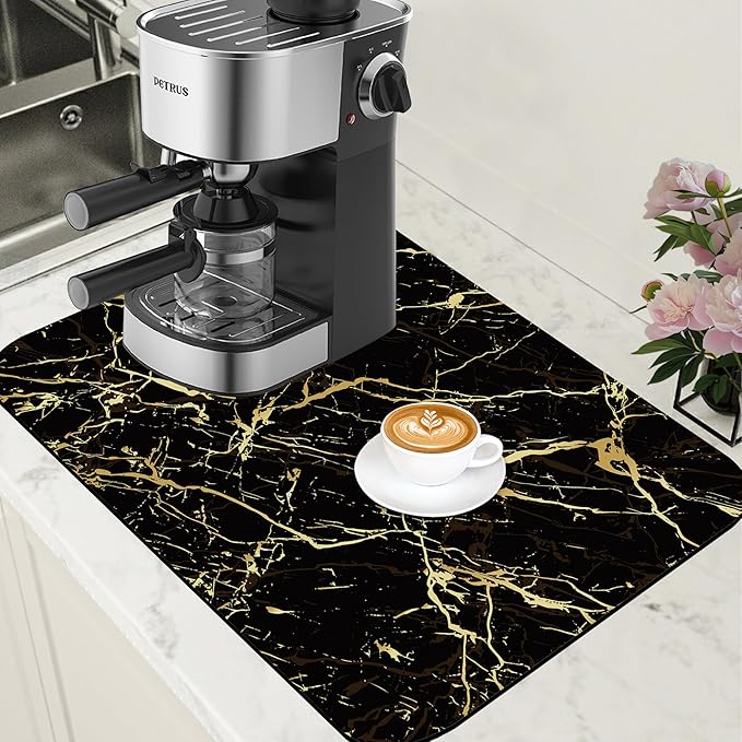 Dish Drying Mat Black and Gold Marble Coffee Bar Mat for Countertop - Absorbent, Rubber Backed, Hide Stain Dish Drainer Rack - Coffee Maker Pot Dining Room Decoration 15.7 x 23.6 Inch