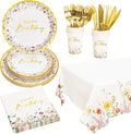 Crisky Wildflower Birthday Plates and Napkins set Women/Men Floral Disposable Tableware Set of 24 for Birthday Party Decorations (Plates, Napkin, Cups, Tablecloth, Knife & Fork)