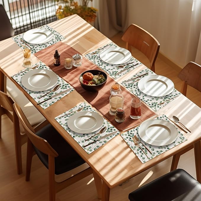 Eucalyptus Green Sage Placemats Set of 6,Washable Heat Resistant 12×18 Inch Linen Table Mats Spring Leaves Place Mats for Party Outdoor Dining Décor