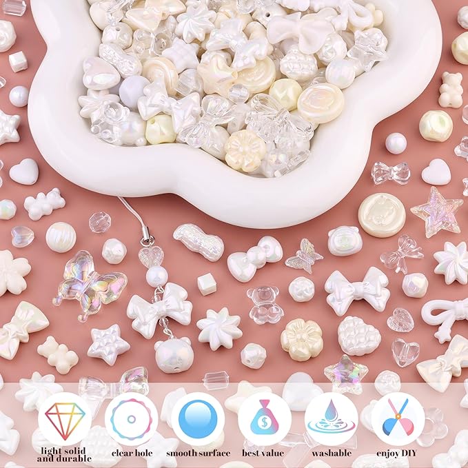 Assorted 200-260PCS White Acrylic Beads for Bracelet Making, Flower Bow Candy GummyBear Bracelet Charms,Cute Beads for Jewelry Making DIY Necklace Keychain Phone Charm Christmas Gift