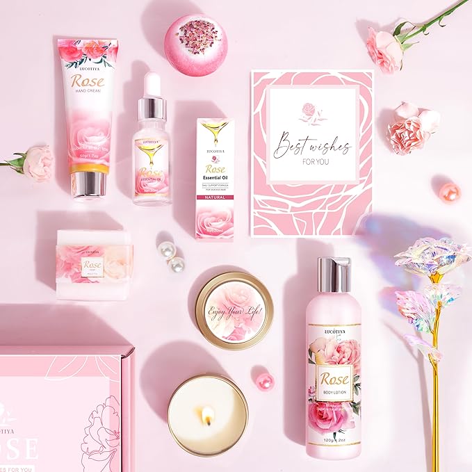 Gifts for Women, Happy Birthday Gifts for Women, Christmas Bath and Body Gifts for Woman with Unique Rose Self Care Gift, Home Spa Gift Basket for Mom, Girlfriend, Sister, Female Friends, Coworker