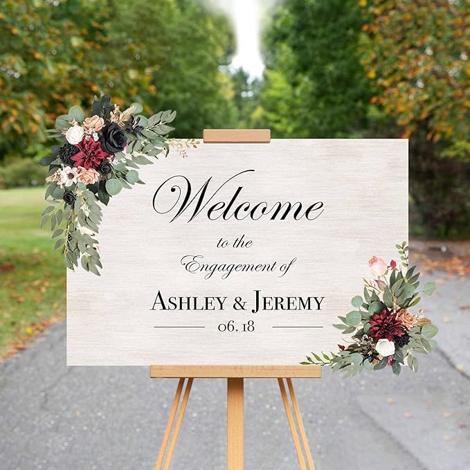 Red Black Wedding Arch Flowers, Faux Flower Swag Set of 2, Red Floral Swag for Wedding Arch Welcome Signs, Reception Ceremony Signs Decor
