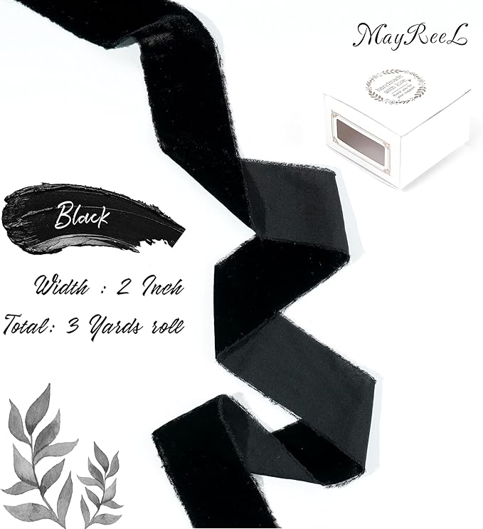 MAYREEL 2 Inch Black Velvet Ribbon Hand Torn Ribbon Silk Frayed Edge for Bridal Bouquets Invitations Wedding Vow Books Gift Baskets Hair Bows 3 Yards