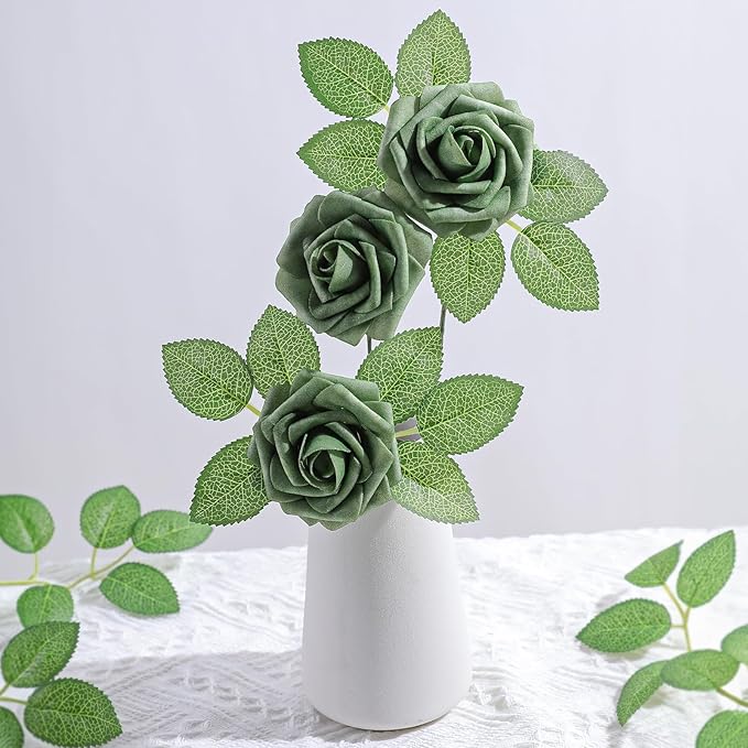 AmyHomie Artificial Flowers Green Rose 25pcs Real Looking Fake Roses w/Stem for DIY Wedding Bouquets Centerpieces Arrangements Party Baby Shower Valentines Day Christmas Tree Decorations