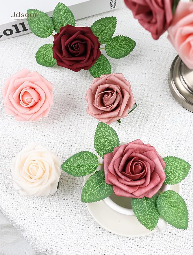 25pcs Artificial Flower，Real Looking Foam Roses w/Stem for DIY Wedding Bouquets Centerpieces Bridal Shower Party Decor-Shades of Burgundy